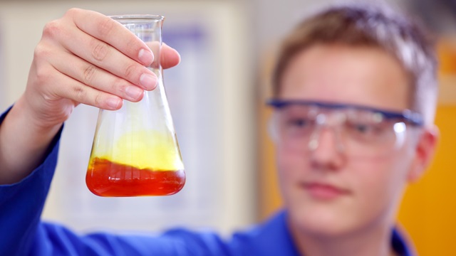 Berufsanfänger betrachtet als Chemielaborant ein Laborglas.